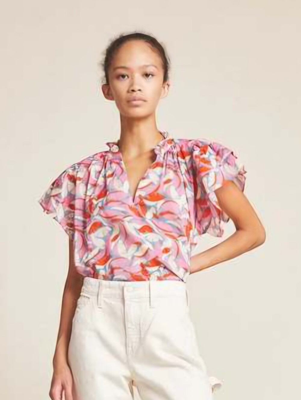 Trovata Birds Of Paradise Clover Blouse Petite Palm Sz M V Neck Flutter Sleeves